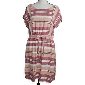 Old Navy Women's Sz M Red White Striped Linen Blend Drawstring Waist Dress Midi
